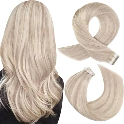 Moresoo Extensiones Adhesivas Pelo Natural Cenizo con reflejos 55cm 50g | Cabello Natural Remy, Resistente al Calor, Volumen y Largura Extra, Ideal para bodas o eventos nocturnos de glamour