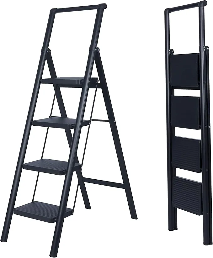 UZIRO Escalera Plegable 4 Peldaños, Liviana y Compacta, Diseño Decorativo, Peldaños Anchos Antideslizantes, Ideal para Uso en Hogar, Cocina y Oficina, Fácil de Guardar