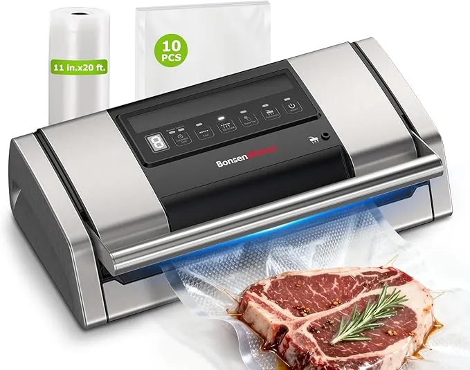 Bonsenkitchen Envasadora al Vacío, 15 L/min, con Clip Para Bolsas, Bloqueo de Asa y Cortador Integrado, Para Cocinar al Vacío y Preparar Alimentos, Sellado Rápido de Alto Rendimiento-VS5100