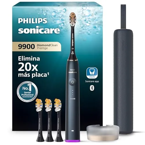Philips Sonicare DiamondClean 9900 Prestige cepillo dental eléctrico, con tecnología SenseIQ y aplicación, 5 modos de cepillado, estuche de viaje con carga, azul medianoche, modelo HX9992/45