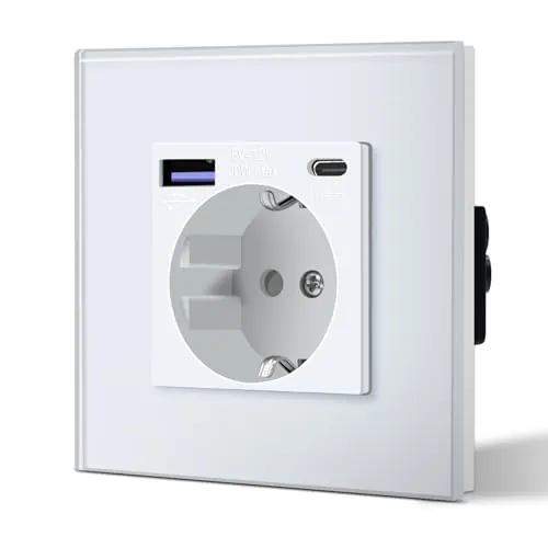 BSEED Enchufe Pared con 20W USB y Tipo C,Enchufe USB C de Cristal,Carga Rápida,3 en 1，Fácil Instalación,1 Enchufe,86mm Blanco