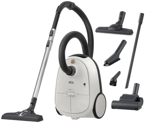 AEG AB61H6SW Aspiradora de Trineo con Bolsa, 850W de Potencia, 3,5L de Capacidad, Radio de acción 12m, Ruedas XL, Filtro Lavable, 3 cepillos + 3 Accesorios, 10 años garantía, Blanco