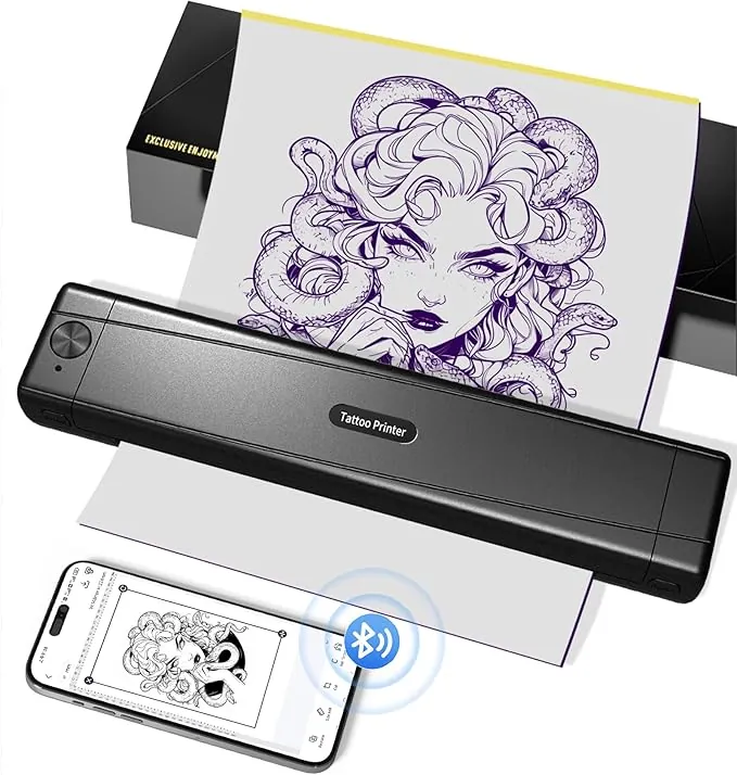 TATTMUSE Termocopiadora Tattoo, Impresora de Tatuaje con 10pcs de Papel, Tattoo Transfer para Principiantes y Artistas del Tatuaje, Impresora Termica Tattoo Compatible con Smartphone PC