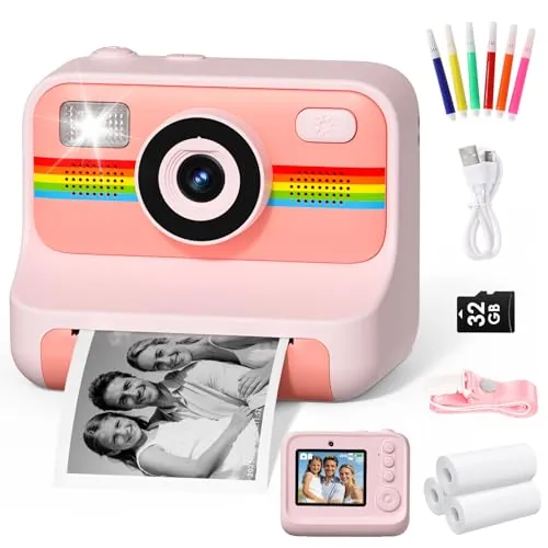 LIORQUE Camara Fotos Infantil Instantanea, 2.4'' HD 1080P Camara de Fotos Instantaneas con Tarjeta de 32G y Papel de Impresión, Bolígrafos de Colores DIY, Regalo para Niños de 3 a 12 Años (Rosa)