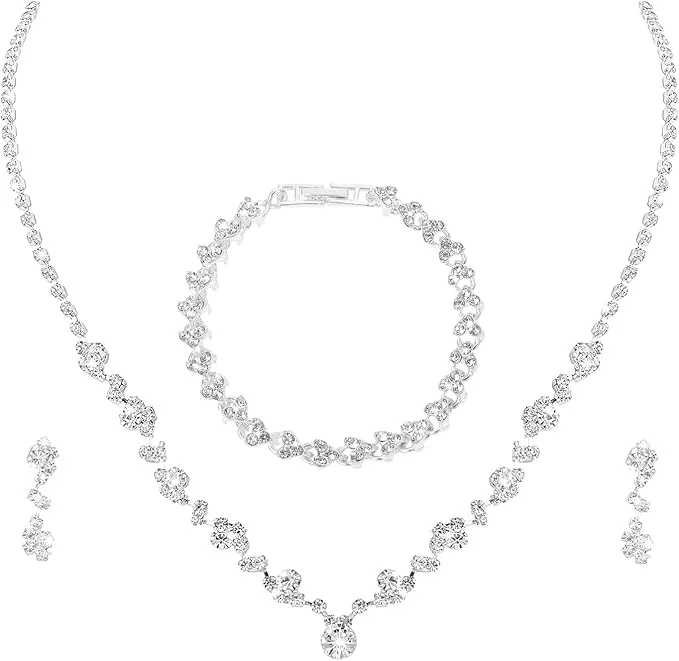 Yolev Conjunto de Joyería Boda Pendientes y Collar Mujer Collar de Cristal Diamantes Imitación Novia Collar Pulsera Colgante Pendientes Novia Baile Graduación Collares de Fiesta para Bodas Nupcial