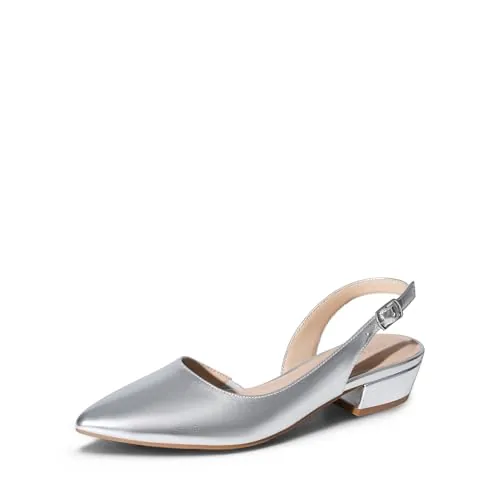 DREAM PAIRS Slingback Tacón Bajo Mujer,Plata,38 | Punta afilada, tacón bloque 2.8cm, correa ajustable, suela antideslizante, elegantes para trabajo, bodas y diario.