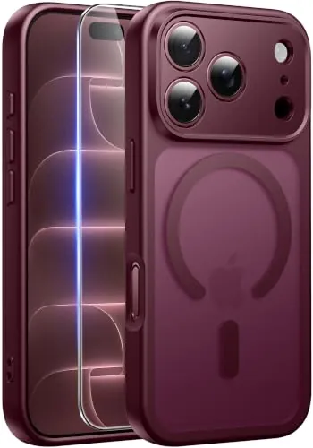 Qasyfanc Funda para iPhone 18 Pro MAX con Protector Pantalla, Vino Rojo
