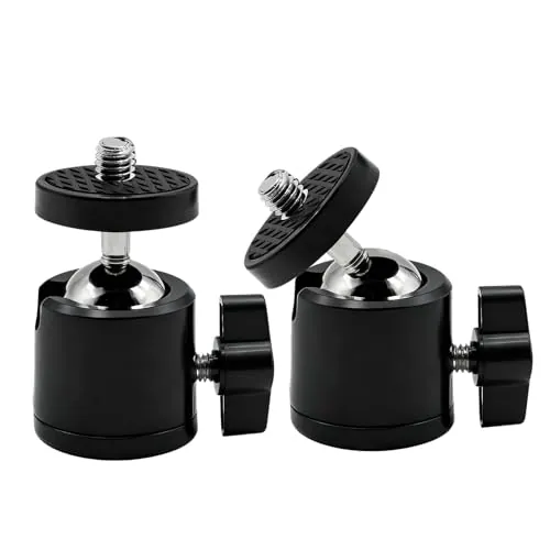 2 Pcs Mini Cabezal de Bola para Trípode Cabeza Giratoria 360° y Inclinable 90° con Rosca 1/4″ Adaptador de Montaje para Cámara DSLR, Soporte para Móvil Monitor LCD Micrófono Luz LED y Cámara de Acción