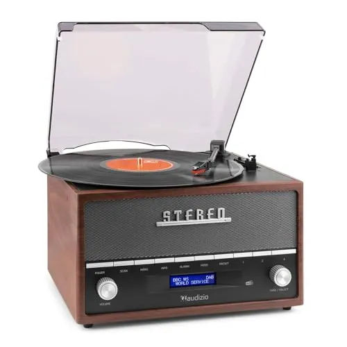Audizio Frisco Vinilo Bluetooth con Radio Dab+ integrada, Dab+, Radio FM y Reproductor USB con Altavoz Integrado, 33, 45, 78 RPM, Ideal para Escuchar Tus Discos de Vinilo Favoritos, Color marrón