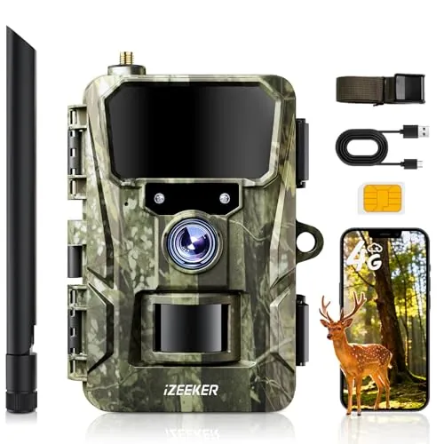 iZEEKER 2 en 1 Cámara de Caza 4G LTE 2K HD 48MP, Cámara Fototrampeo con App, Visión Nocturna Infrarroja, Detector de Movimiento, Cámara de Animales Salvajes IP66 Resistente al Agua