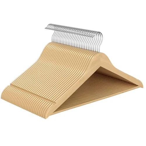 SONGMICS Percha de Madera, Juego de 30, Delgada, Muescas en Hombros, Percha para Pantalones, Gancho Giratorio 360°, Madera de Abedul, para Tirantes y Chaquetas, Beige Natural CRW030K01