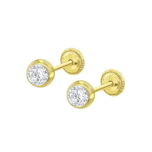 TIME ROAD Pendientes Bebé Niña de Oro 9K HIN00197/4 - Cierre Seguro de Rosca 4 mm - Infantil 3, 6, 12 a 24 meses - Ideal como Regalo de Nacimiento, Bautizo o Cumpleaños