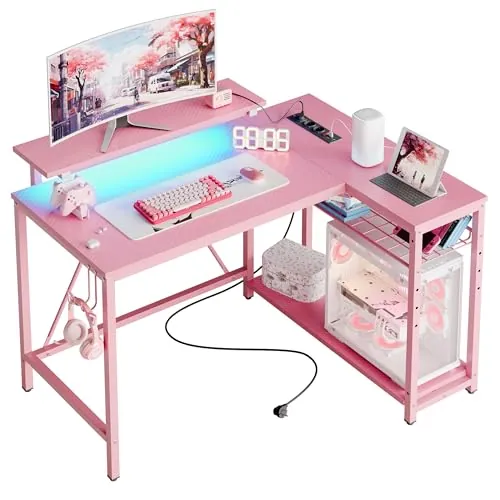 Bestier Escritorio en Forma de L con Tomas de Corriente y Luces LED, Escritorio Esquinero con Estantes, Reversible para Ordenador para el Hogar, Oficina, Dormitorio, Espacio Pequeño, 106,5 cm