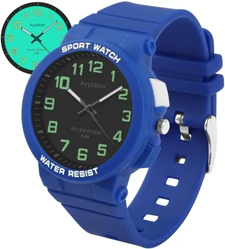 Ayybboo Reloj Niños,Reloj Analogico Niño de Cuarzo,Resistente al Agua hasta 50M,con Luz,Adecuado como Regalo para Niños y Niñas de 4 a 16 Años (Azul)
