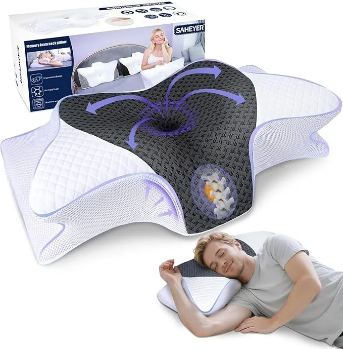 SAHEYER Almohada Cervical Ergonómica, Almohada Ortopédica para Dormir de Lado Almohada de Espuma con Memoria para Apoyar el Cuello Almohada para Dormir, 70x40x15/12CM, Gris