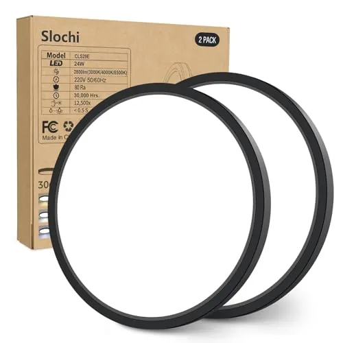 slochi 2Pack Plafon LED Techo,24W 2800LM Bajo Consumo lampara techo,3000K/4000K/6500K regulableØIP44 Impermeable Ultra Delgado Plafones Para Techo Led,Adecuado para Baño Dormitorio Pasillo-Negro
