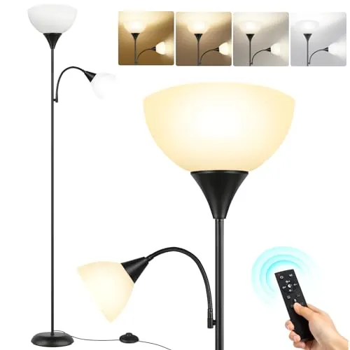 OUTON Lámpara de pie de salón, lámpara de LED regulable y lámpara de lectura, 3 temperaturas de color, con control remoto y dos bombillas de 9w, para salas de estar, oficinas y dormitorios, Negro