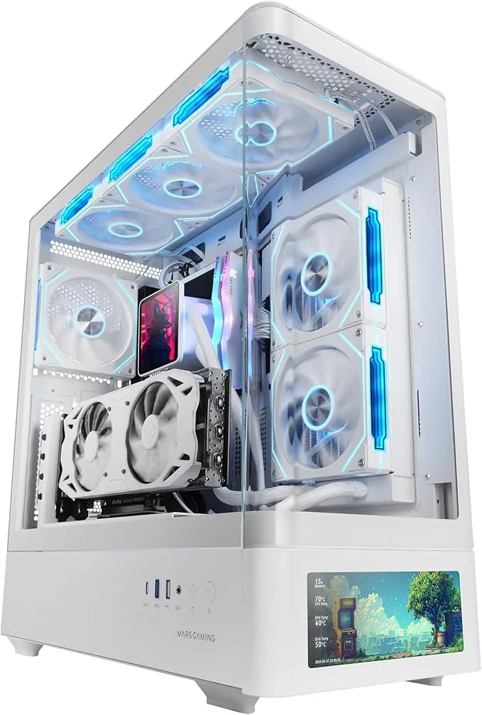 Mars Gaming MC-LCDPRO, Caja Gaming ATX, Pantalla LCD IPS 7.2" Personalizable, Cristal Templado Curvado Frontal y Lateral, Estructura de Doble Cámara, Soporte Refrigeración Líquida hasta 360mm, Blanco