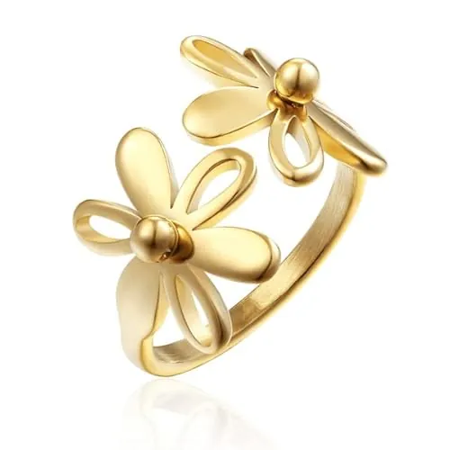 GOLDENCAT Anillo Talla 8, Flores, Diseño Flor, Acero Dorado, Margaritas, Niña, Diámetro 18,2 mm, Acero de Titanio, Baño 18k