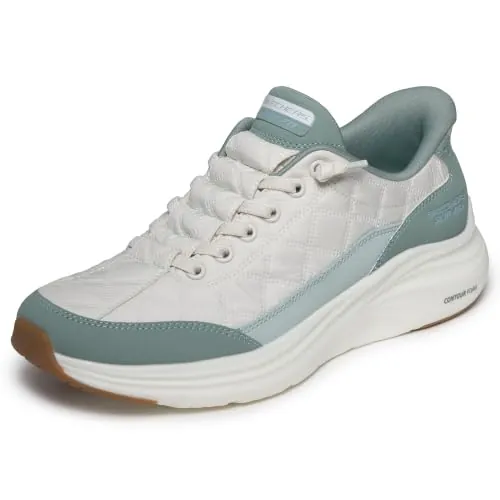 Skechers Mujer Contour Foam In Motion Slip-In ENTRENADOR, Off White Mesh/Sage Duraleather/Leather/Trim, 39 EU