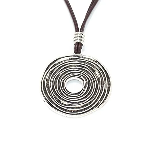 NILUXE DESIGN -Collar Mujer Celta -Colgante Grande Mujer Cuero y Zamak Bañado en Plata -Colgante Espiral Plata Largo Remolino Reversible - Estilo Étnico Boho Acabado Envejecido -Ideal para Regalar