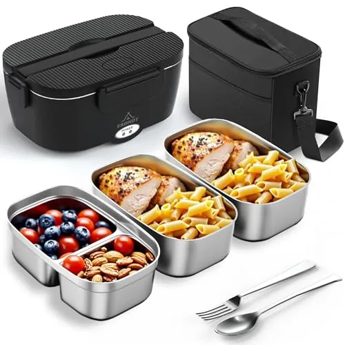 ESOHOT Fiambrera Electrica,120W Taper Electrico para Comida Calentamiento Ultrarrápido 3 en 1 Lonchera Electrica Trabajo 12V/24V/230V Para Viajes, Trabajo, Coche, Camión (1,5L x 3)