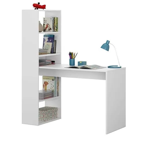 Habitdesign Mesa de Ordenador, Escritorio con Estanteria Reversible, Blanco Artik, Modelo Duplo, Medidas: 120 cm (Ancho) x 53 cm (Fondo) x 144 cm (Alto)
