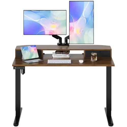 HUANUO Escritorio Elevable 120 x 60 cm con 2 Cajones de Tela 4 Memorias | Soporte Tipo Abrazadera en C, Mesa Elevale de Pie para Oficina en Casa