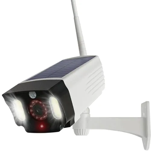 JUSTOP Cámara CCTV falsa, funciona con energía solar, luces LED de seguridad con sensor de movimiento PIR, impermeable para uso en exteriores, color blanco