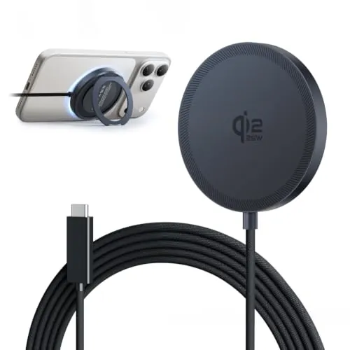Qi2 25W Cargador Inalámbrico con Soporte Plegable para iPhone MagSafe | Cargador Inalámbrico Ultraplano para Apple Serie 18 a 12, Ideal para Gaming, Sin Sobrecalentamiento ni Enredos de Cables