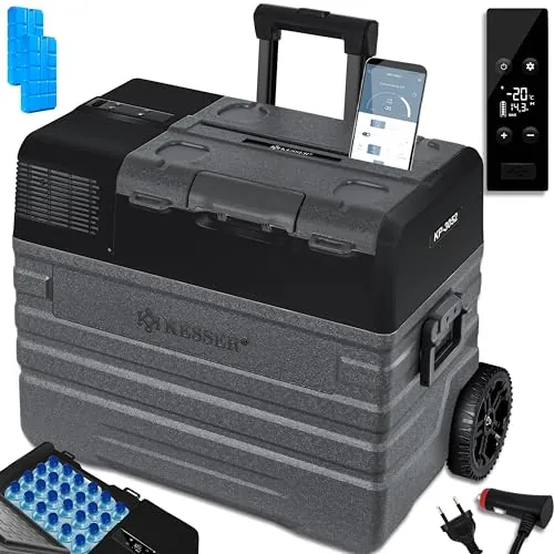 KESSER® Nevera eléctrica portátil de compresor 52 litros, congelador con Control App, conexión USB 12/24 V 230 V, + Ruedas de Varilla telescópica, refrigerador hasta -20 °C, Antracita