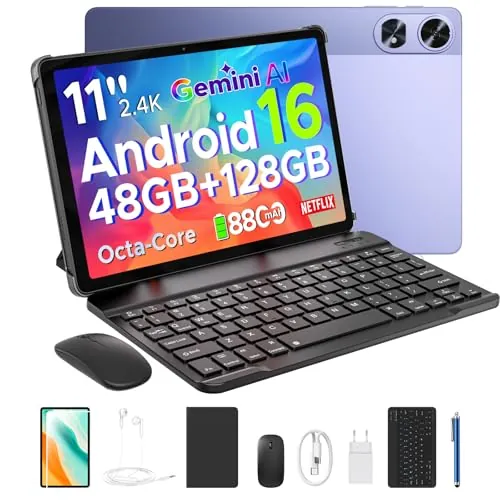 P11 Pro Tablet 11 Pulgadas with Android 16 & Gemini AI, 48GB RAM+128GB ROM/2TB, 8800mAh/18W, Octa-Core T7250, 90Hz, 5MP+13MP, 3.5mm Jack, GPS, Face ID,OTG,5G WiFi, Tablet con Teclado y Lapiz, Morado