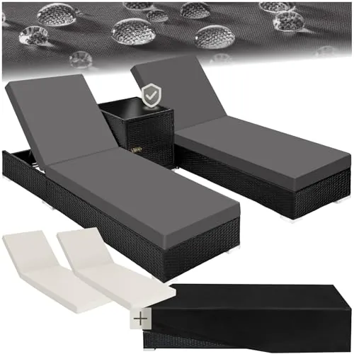 tectake® Set 2 Tumbonas de Ratán y Aluminio + Mesa Jardín, Tumbonas Piscina Respaldo Regulable, Tumbonas Playa Resistente a Rayos UV, Fácil Limpieza, Fundas Intercambiables, Funda Protectora - Negro
