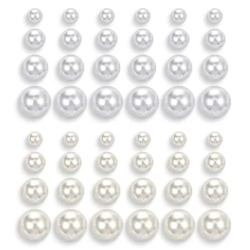 Juego de 24 Pares de Pendientes de Perlas Sintéticas, Hipoalergénicos, Blancos y Beige, 4 Tamaños Diferentes con Perlas Redondas para Mujeres y Niñas
