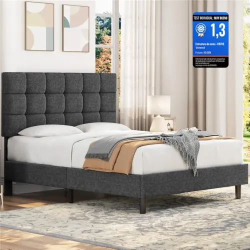 Yaheetech Marco de Cama Tapizada Cabecero Regulable 140 x 200cm Color Gris Oscuro
