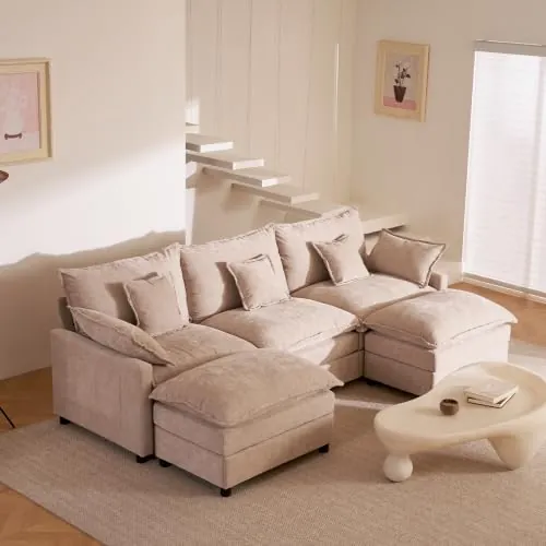 274 cm Sofá 3 Plazas Modular en Forma de U con Pufs Móviles, Camel | Tela de Chenilla, Montaje Requerido, Asiento Profundo, Cojines de Respaldo, Para Salón