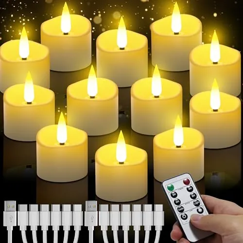 Velas LED recargables con mando a distancia 12 piezas, velas de té sin llama con función de temporizador automático, velas a pilas para bodas, fiestas, Halloween, Navidad, decoración del hogar
