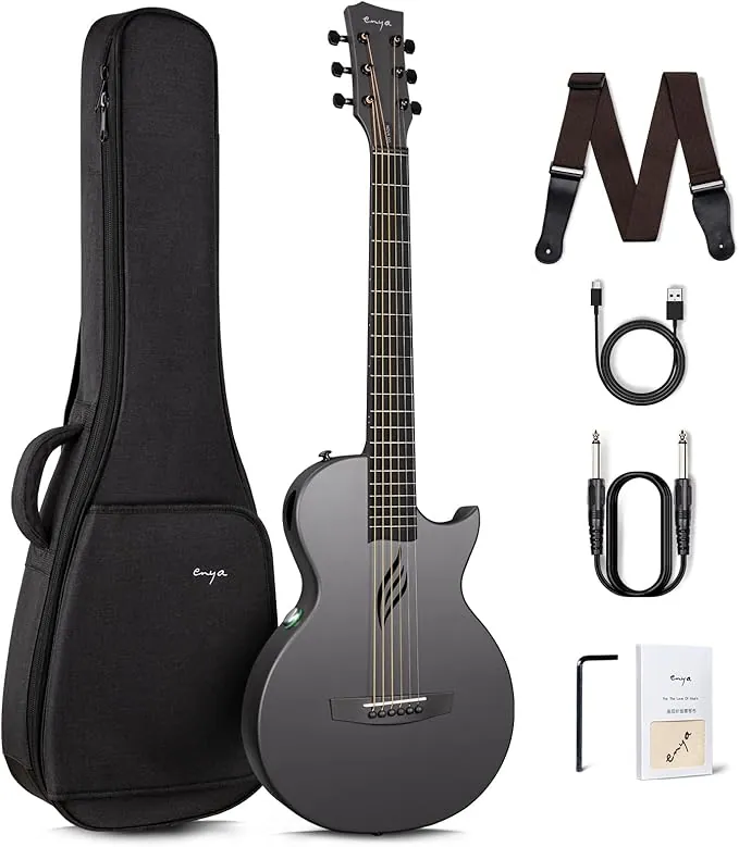 Enya Guitarra Principiantes Set - 3/4 Fibra de Carbono Negro Nova Go SP1 Guitarra Eléctrica acústica con Smart Guitar AcousticPlus Pickup para Adultos Escuela Hogar Viajes Cadeau de Noël