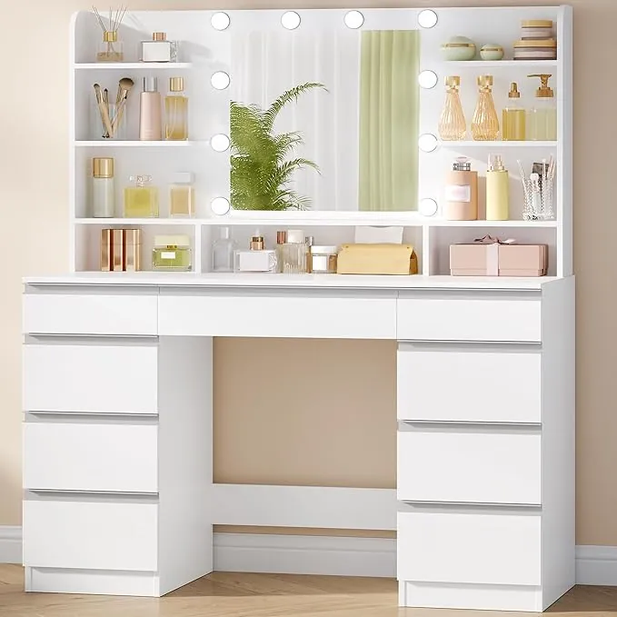 Hzuaneri 108 cm Tocador con 10 Globos de Luz LED, 3 Colores, Brillo Ajustable, Espejo HD Grande, 1 Cajón Grande y 8 Cajones Pequeños, 9 Áreas de Almacenaje Abiertas, Blanca-Plata DT35703WV1