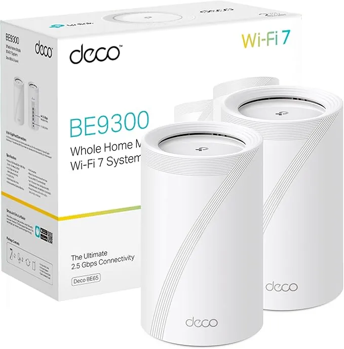 TP-Link Deco BE65(2-Pack) - WiFi 7 Mesh BE9300 Deco Tri-Band BE65 (Paquete de 2), Puerto Ethernet/Fibra 2.5 Gbps, Velocidad WiFi de hasta 9 Gbps, WPA3, Canales de 320 MHz, 6 GHz