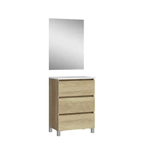Baikal, Conjunto de baño Natura. Mueble de Baño de Fondo Reducido, con Lavabo cerámico. Distribución Tres Cajones. Mueble MONTADO. Tres Cajones con Espejo. Fondo 39cm 50 cm Nature