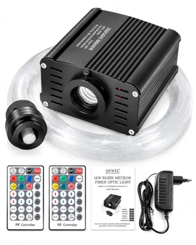 DEWEL Kit de Luces de Fibra Óptica, 16W RGBW luces de Estrella de Fibra Óptica, 450 pcs*0,75 mm*2 m de fibras Ópticas y mando a distancia con 28 teclas [Clase de eficiencia energética A]