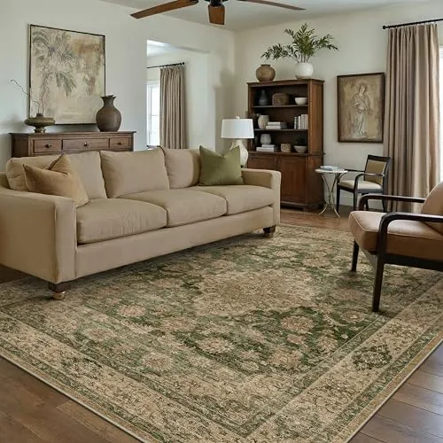 PureCozy Alfombra Salon 160x230cm Verde Lavable Antideslizante Vintage | Pelo Corto,Tapete Grande,Dormitorio,Sala,Comedor,Cocina,Interior