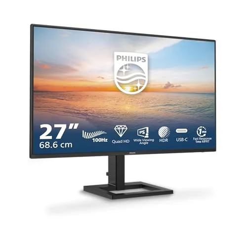 Philips 27E1N1600AM - Monitor Quad HD de 27 Pulgadas, Altavoces, Altura Regulable (2560x1440, 100Hz, HDMI 1.4, USB-C (65W PD), Hub USB) Negro