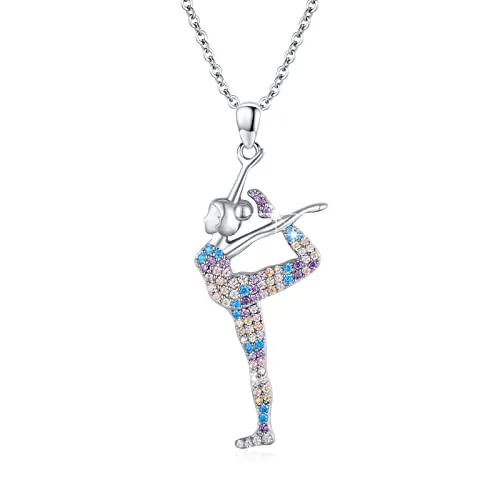 OHAYOO Cadena de gimnasia para niñas, plata de ley 925, con colgante de bailarina y gimnasta, collar de gimnasia para mujeres, joyería de ballet, regalo para niñas, Plata esterlina, Circonia cúbica