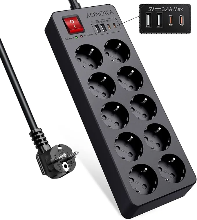 Regleta Enchufe 10 Tomas USB C, Regleta 10 Enchufes con Interruptor, Alargador Enchufe Multiple con Proteccion Sobretension y Sobrecargas, Ladron Enchufes Protección Infantil, Cable 1.5m, Negro