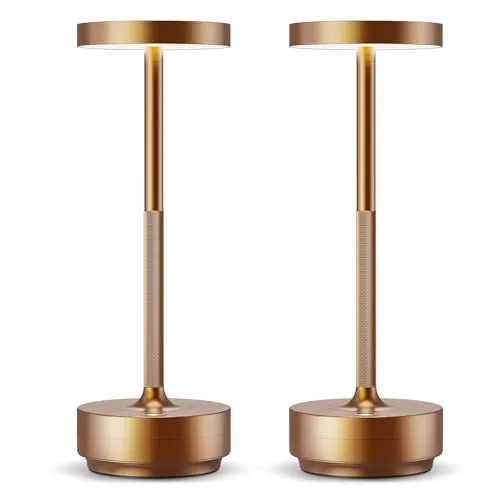 HYMZP Lámpara de Mesa LED Recargable, 3 Colores de Luz con Regulación Continua, IP54 Impermeable, Batería 5000mAh, Diseño Metálico Moderno, con Función de Memoria para Interior y Exterior (2x Bronce)