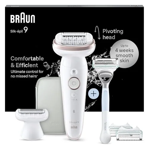 Braun Silk·épil 9 Depiladora Eléctrica Mujer, 9-130 Blanco/Flamenco - Depiladora Corporal con Maquinilla Venus para Zona Íntima, Peine Recortador Y Funda, Resistente al Agua, Depilación Suave Duradera