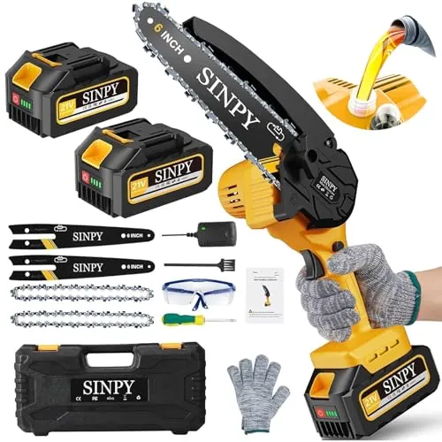 SINPY 2x4000 mAh Mini Motosierra Bateria, 6 Pulgadas Motosierra Eléctrica Pequeña Sierra Electrica Podar Arboles Inalámbrica con Cadena de Acero al Manganeso de Mano y Engrasador Automático