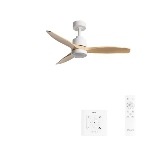 CREATE / WINDSTYLANCE S/Ventilador de techo ABS con luz blanco aspas efecto madera clara con controlador y mando / 40W, Temporizador, Ø112 cm, 6 velocidades, verano-invierno, doble altura